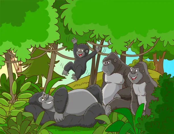 Vector illustration of Gorilla family in forest or rainforest scene with many trees illustration