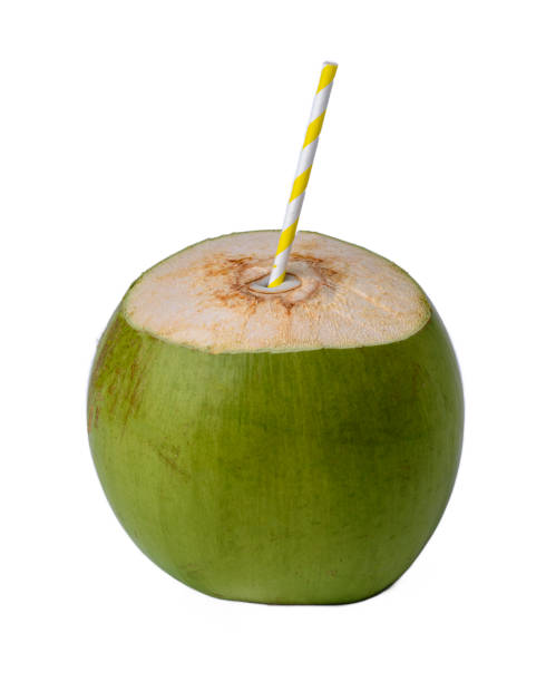 istock Green coconut with colored paper straw isolated on transparent background. 1479788472