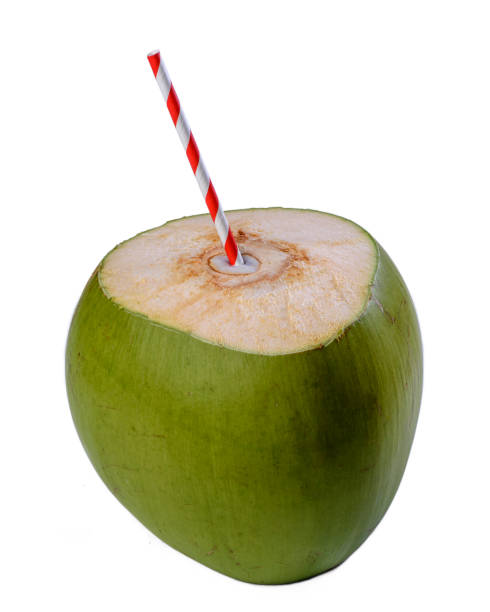 istock Green coconut with colored paper straw isolated on transparent background. 1479789171
