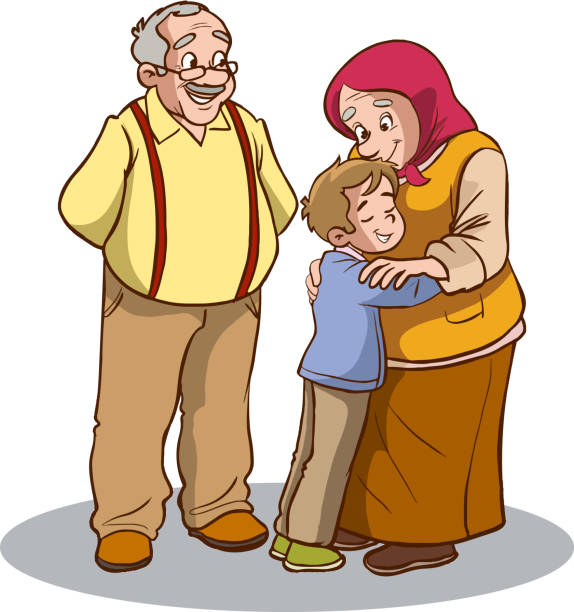 祖父母と孫のベクターイラスト - senior couple senior adult embracing grandmother点のイラスト素材／クリップアート素材／マンガ素材／アイコン素材