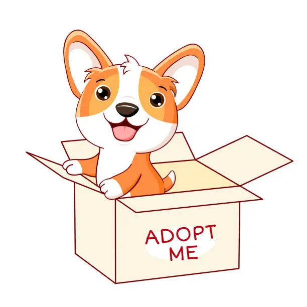 Vector illustration of Cute little puppy in box. Inscription Adopt me. Help homeless animals find a home. Animal care, adoption concept. Adopt a Friend