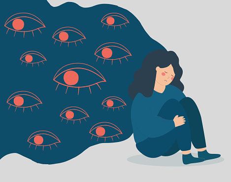 Sad Woman Surrounded By Big Evil Eyes Feels Helpless And Overwhelmed ...