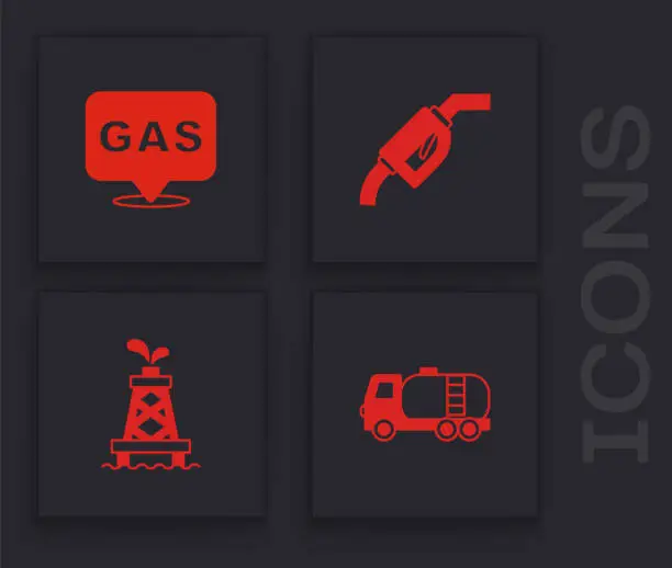 Vector illustration of Set Tanker truck, Location and gas station, Gasoline pump nozzle and Oil rig icon. Vector