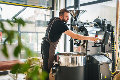 Coffee Machine Control Panel Man Using Touch Screen Of Roasting Coffee Machine Control Panel Stock ...