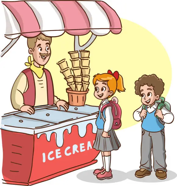 Vector illustration of kids buying ice cream from the ice cream shop cartoon vector illustration
