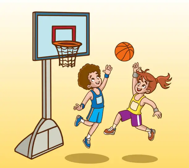 Vector illustration of kids playing basketball vector illustration