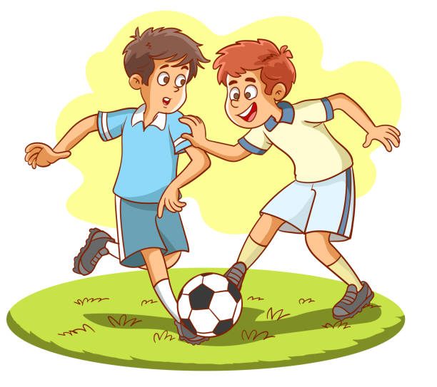 zwei kleine jungs spielen fußball, glückliche kinder fußballspielen im park isoliert auf weiße vector illustration - playing field goalie soccer player little boys stock-grafiken, -clipart, -cartoons und -symbole