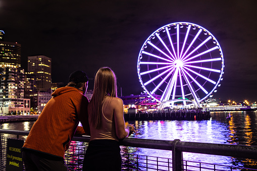 A view across the Puget Sound toward Seattle, the Space Needle, and Cascade mountatins, Washington State.