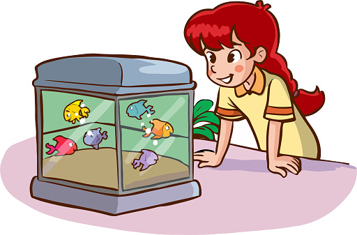 little cute girl looking at the fish in the aquarium cartoon vector illustration
