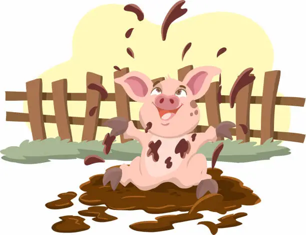 Vector illustration of Cartoon pig playing a mud puddle in the farm
