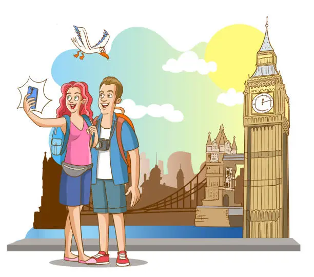 Vector illustration of tourist couple taking selfie in front of Big Ben in london vector illustration