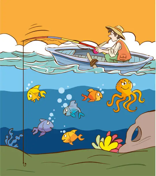 Vector illustration of man fishing in boat and fishes underwater cartoon vector