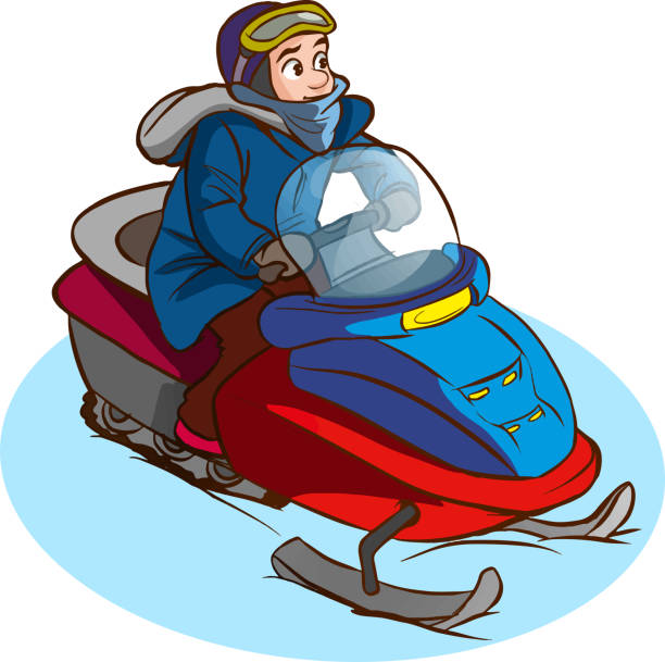 ilustrações, clipart, desenhos animados e ícones de ilustração vetorial do homem dirigindo snowmobile - snowmobiling