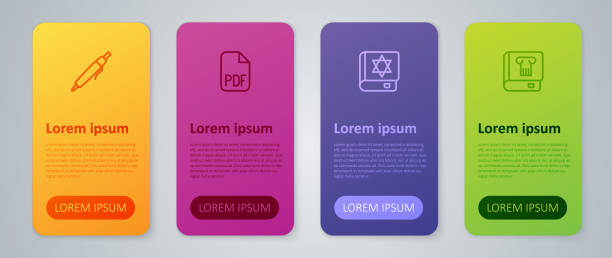 Set line Jewish torah book, History, Pen and PDF file document. Business infographic template. Vector Set line Jewish torah book History Pen and PDF file document. Business infographic template. Vector. ancient writing tool stock illustrations
