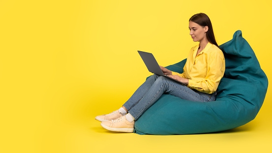 Side View Of Female Using Laptop Working Online Browsing Internet Sitting In Beanbag Chair Posing In Studio Over Yellow Background. Web Technology Concept. Panorama With Copy Space