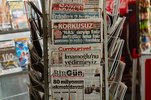 Istanbul, Turkey. November 10th 2022\nTurkish newspapers and magazines for sale outside a kiosk in Istanbul.