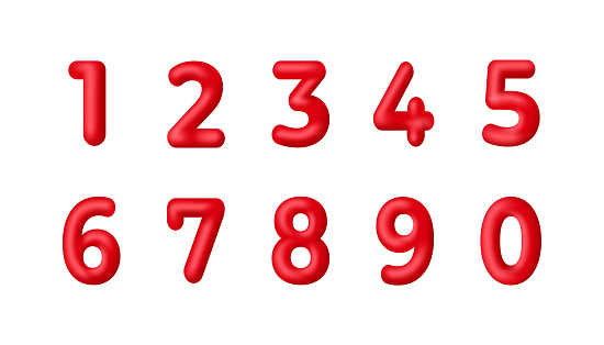 Red 3d numbers vector set characters. One, two, three, four, five, six, seven, eight, nine, zero. 1,2,3,4,5,6,7,8,9,0. Decorative elements for banner, birthday or anniversary party.