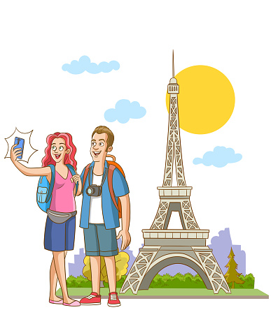 vector illustration of young couple taking selfie at eiffel tower