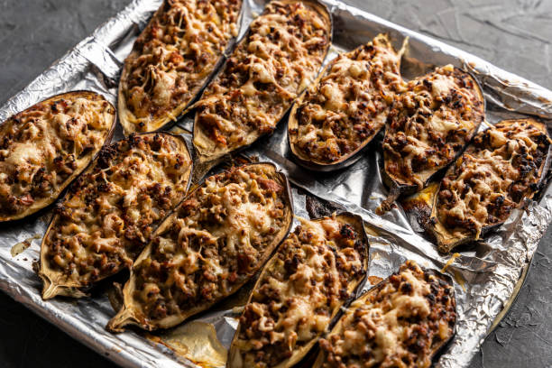 istock eggplant baked with meat on a baking sheet 1479801188