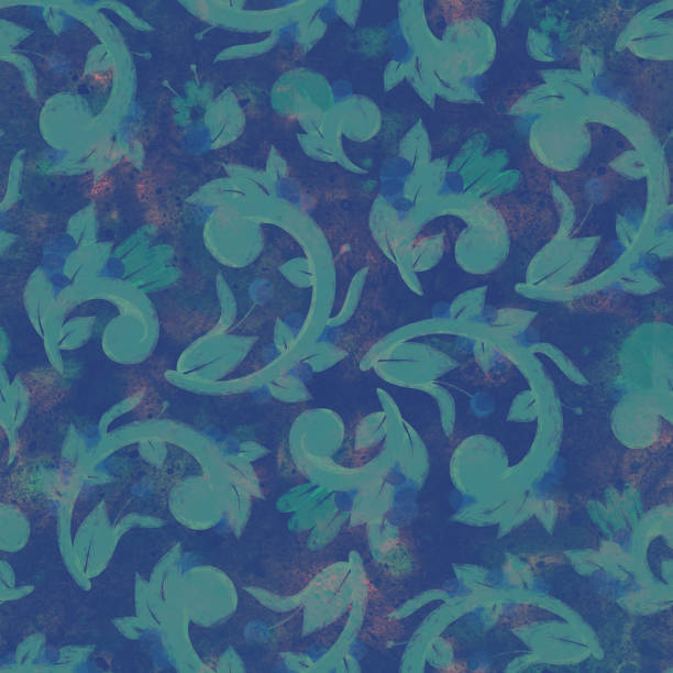 istock Seamless pattern. Raster illustration. Watercolor background with floral ornament. Image for design, printing on fabric or paper. Fashion. Green leaves on a dark background. 1479803058