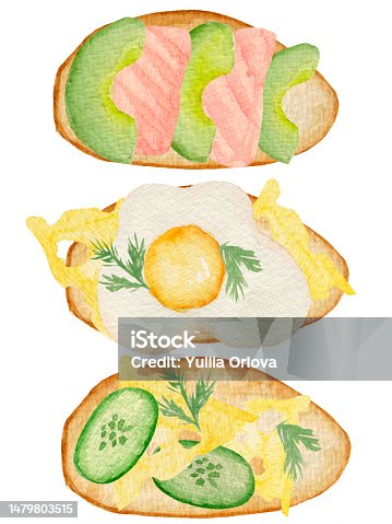 istock Watercolor breakfast food collection, various toasts isolated on white background. 1479803515