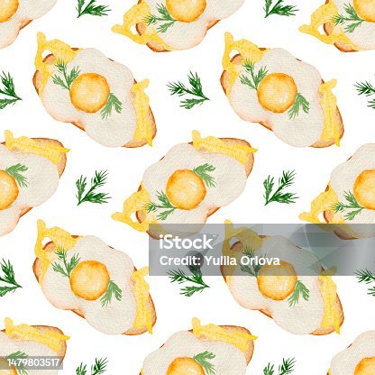 istock Watercolor seamless pattern with egg toast for breakfast, parsley leaf on a white background. 1479803517