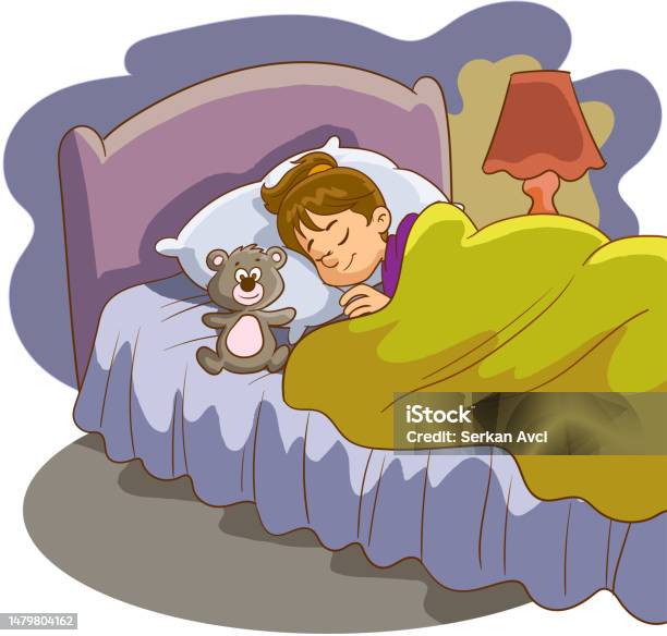 Boy Sleeping In Bed Bedroom With A Window At Night Sweet Dreams Vector
