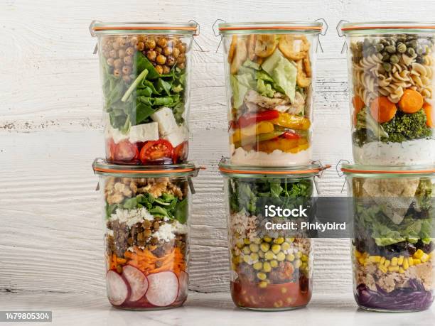 Salad In Glass Jar Glass Jars With Layering Various Salads For