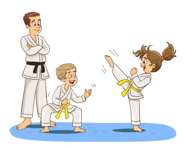 Vector illustration of Cartoon kids training martial arts in kimono uniform. Karate or taekwondo character illustration.