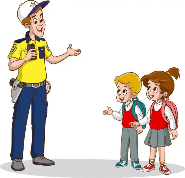 Vector illustration of vector illustration of kids talking to traffic police