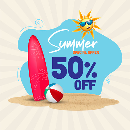 Summer Sale offer unit template with summer elements beach ball and skating board on sand with sun