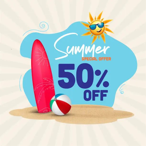 Vector illustration of Summer Sale offer unit template with summer elements beach ball and skating board on sand with sun