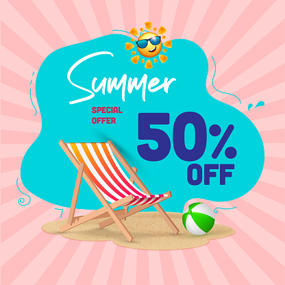 Summer Sale offer unit template with summer elements beach ball wooden deck chair on sand with sun