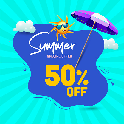 Summer Sale offer unit template with summer elements Parasol and sun in clouds