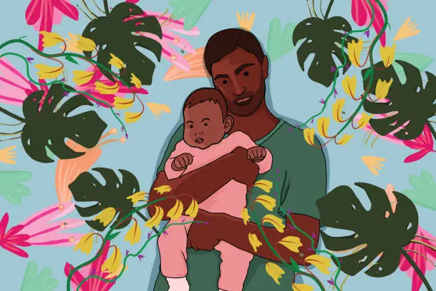 Vector illustration of Young father holding his baby girl