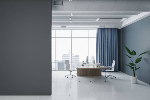 istock Modern coworking office interior with blank mock up place, panoramic window and city view, blue curtains, furniture and decorative items. 3D Rendering. 1479810647