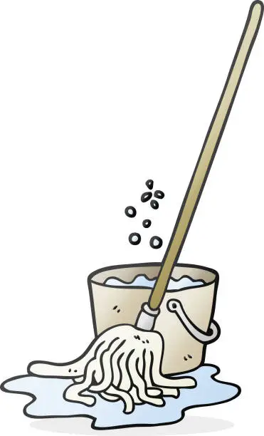 Vector illustration of freehand drawn cartoon mop and bucket