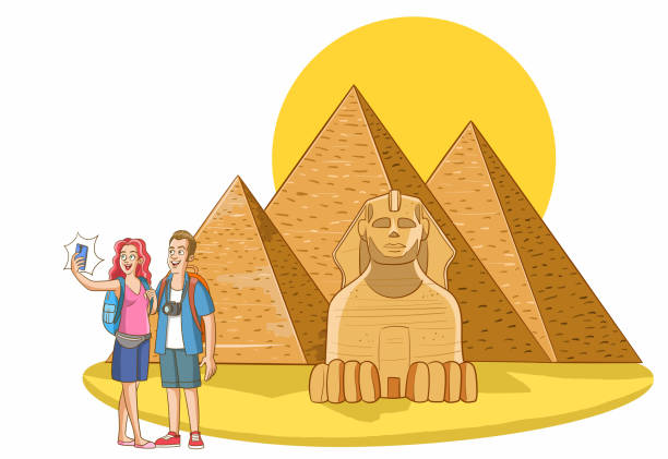 векторная иллюстрация туристической пары, делающей селфи у египетских пирамид - egypt pyramid cairo camel stock illustrations