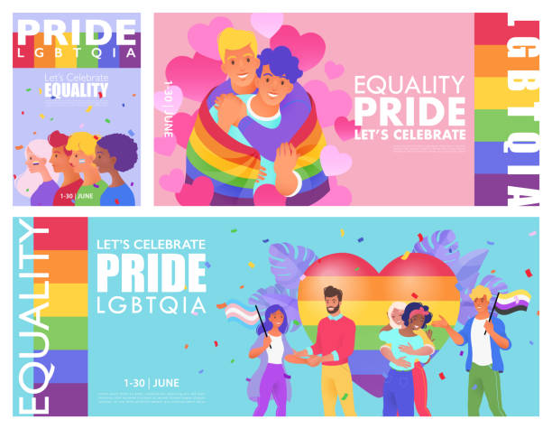 ilustraciones, imágenes clip art, dibujos animados e iconos de stock de el conjunto de pancartas y plantillas de personas diversas celebra el orgullo apoyando los derechos humanos y la igualdad para lgbtqia. - rainbow gay pride homosexual homosexual couple