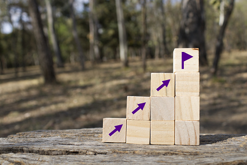 Concept of reaching or reaching a goal or objective on wooden cubes that are in the park