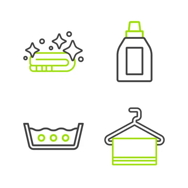 Vector illustration of Set line Towel on hanger, Temperature wash, Bottle for cleaning agent and stack icon. Vector