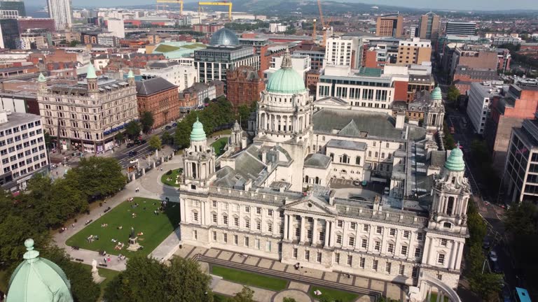 Aerial video of Belfast City Skyline Cityscape Northern Ireland