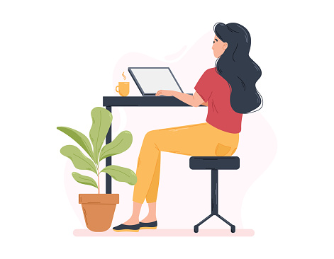 Young woman working on a laptop at the desktop with a cup of tea or coffee. Freelancer in home office or study concept. Vector cute flat illustration.