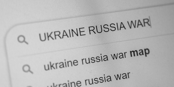 Ukraine Russia war internet query in web browser on pc screen. Internet users interesting concept.