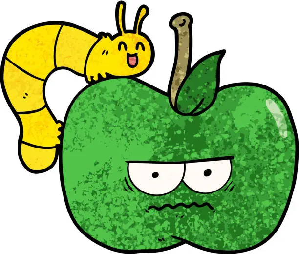 Vector illustration of cartoon grumpy apple and caterpillar