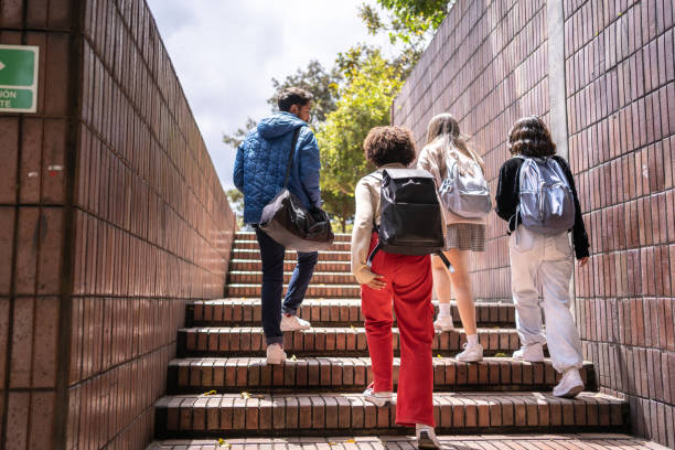 istock Rear view of young university students talking while walking up the stairs 1479826801