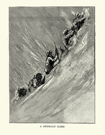 Vintage illustration of British explorer and his guides surveying in Kashmir, History Mountain climbing, 1880s, 19th Century