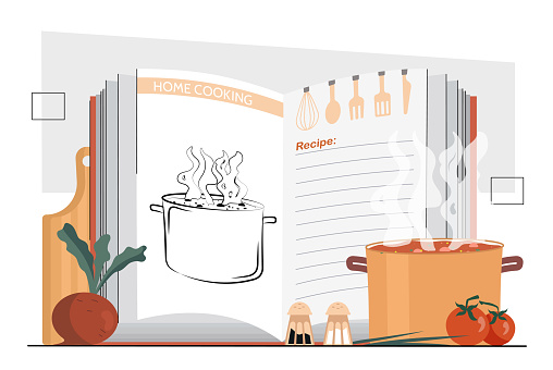 Recipe books concept. Soup pot with ingredients, vegetables near book. Home cooking and instructions. Homemade food preparation and healthy eating. Cartoon flat vector illustration