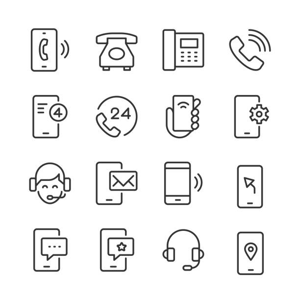 Phone Icons — Monoline Series Vector line icon set appropriate for web and print applications. Designed in 48 x 48 pixel square with 2px editable stroke. Pixel perfect. computer settings screen stock illustrations