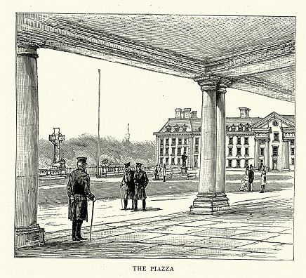 Vintage illustration of The Piazza of Royal Chelsea Hospital, London, Victorian, History, 1880s, 19th Century